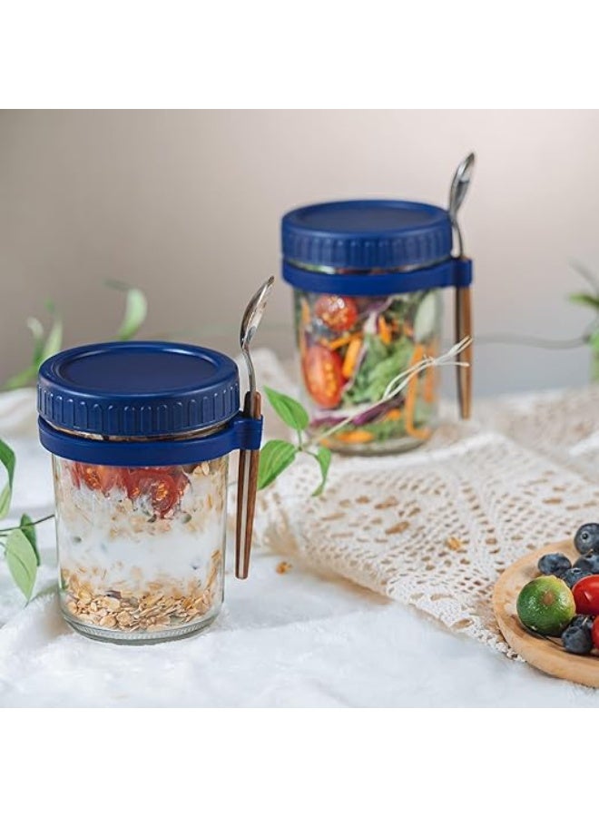 MunKan 2-Pack Glass Storage Jars with Airtight Lids & Spoon | Overnight Oats Jars,Container with Measurement Marks, Wide Mouth Portable Jars Breakfast Container for Salads, Yogurt, Cereal Milk, Oatmeal,& More 300ml (  Dark Blue ) - Image 5